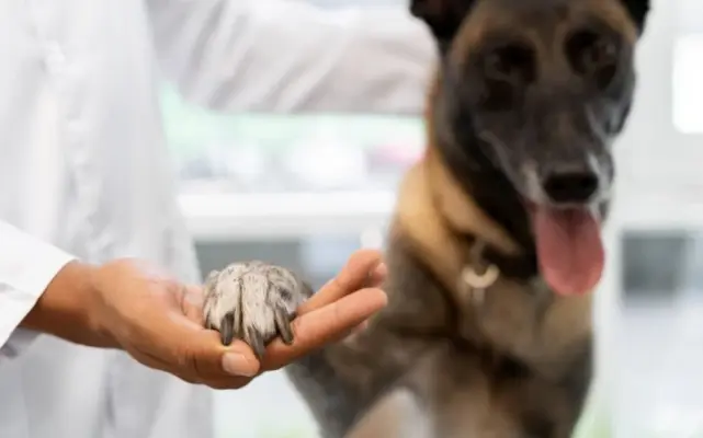 veterinár kontroluje labku psa